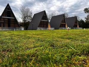 a building with triangular roofs on a field of grass at Topchu Forest Ismayilli in Topçu
