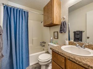 a bathroom with a sink and a toilet and a shower at OU Sooner, Pool & Gym, BBQ, Netflix, 100mb Internet, LG Washer & Dryer, Close to OU! in Norman
