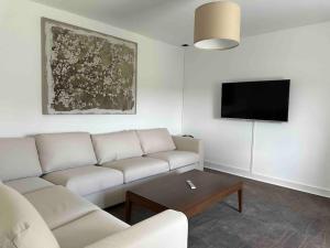 a living room with a couch and a flat screen tv at Le Relais Drogon in Silli-en-Gouffern