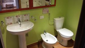 a bathroom with a sink and a toilet and a mirror at Labarchettaok in Castelnuovo di Garfagnana