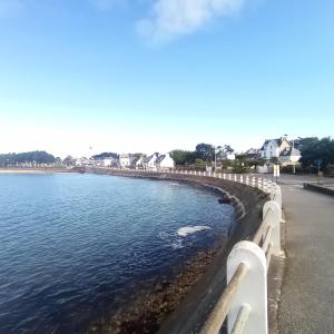 a view of the shoreline of a beach with houses at Les Hortensias in Bénodet
