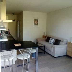a kitchen and living room with a table and a couch at Les Hortensias in Bénodet +14 photos