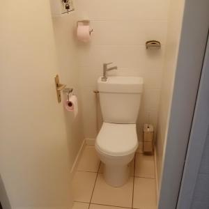 a small bathroom with a toilet in a stall at Les Hortensias in Bénodet