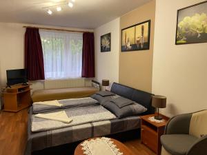 a living room with two beds and a couch at Vadrózsa Vendégház-Apartman in Demjén