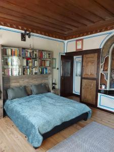 a bedroom with a bed in a room with bookshelves at Къща за гости Георги Божилов - Слона in Plovdiv