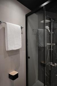 La salle de bains est pourvue d'une douche avec une porte en verre. dans l'établissement Alyvia Central Apartment 1, à Ioannina