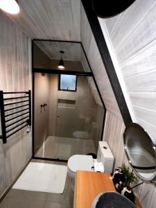 a small bathroom with a toilet and a shower at Chalé Villa Nature in Campos do Jordão