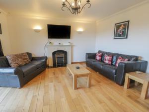 a living room with two leather couches and a fireplace at The Meadows in Pentraeth
