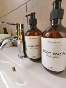 two bottles of shampoo and soap on a bathroom sink at L'alcôve (Centre - Gare - Commerces) in Lens