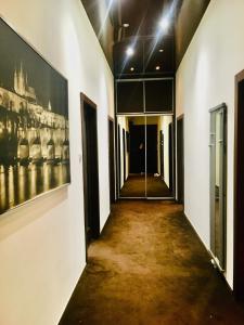 um corredor com pinturas nas paredes de um edifício em Private room in Prague Centre em Praga