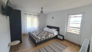 - une chambre avec un lit, une télévision et une fenêtre dans l'établissement Casa Viorica -Botoș, à Ciocăneşti