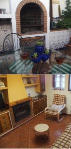 2 fotos de una sala de estar con chimenea en Casa Luciíta: Agradable con chimenea, patio y BBQ. en Ojén
