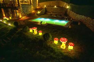 a backyard with a swimming pool at night with lights at Hobbit Chalet in Çamlıhemşin