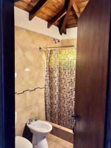 ein Bad mit einer Dusche, einem WC und einem Waschbecken in der Unterkunft Complejo un Mundo Aparte in Mar de Ajó