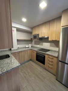 a kitchen with wooden cabinets and stainless steel appliances at IV Apartamento junto a PLAZA MAYOR in Salamanca
