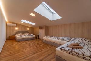 a bedroom with three beds and a skylight at Winifera Penzion in Pavlov