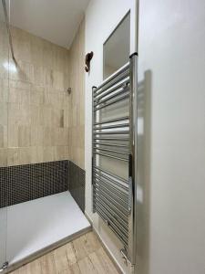 een douche met een glazen deur in de badkamer bij Le Joan Miro - 100m des thermes in Vichy