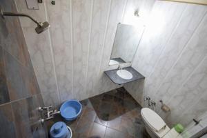 a small bathroom with a toilet and a sink at Pachmarhi Shri Krishna Hotel in Pachmarhī