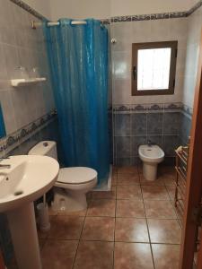 bagno con 2 servizi igienici e tenda doccia blu di Ca n'Antonia Mestre a Playa Migjorn Altre 16 foto
