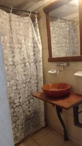 a bathroom with a sink and a shower curtain at YANAY in Villa Unión