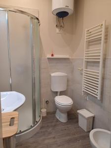 a bathroom with a toilet and a shower and a sink at Marie Antoinette-Pala Alpitour- Private Parking in Turin +46 photos