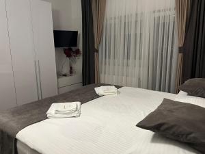 um quarto de hotel com duas camas com toalhas em Rooms Elez em Sesvete