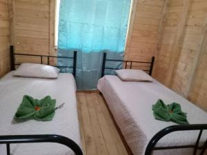 two beds with green bows on them in a room at Cabaña Paraíso Verde in Providencia