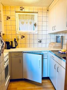 cocina con armarios azules y azulejos amarillos en Felsenberg - CharmingStay, en Flumserberg