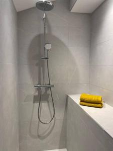 a shower in a bathroom with a yellow towel at Charmante maison de vacances Sud France in Fayence