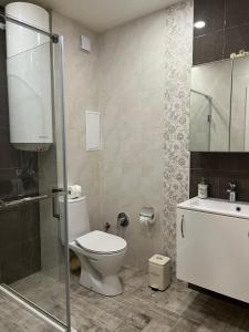 ein Bad mit einem WC, einem Waschbecken und einer Dusche in der Unterkunft Apartment Stella in Warna