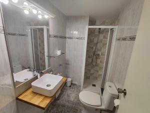 ein Badezimmer mit Toilette, Waschbecken und Dusche in der Unterkunft Las Minvas Teatro in Castellón de la Plana + 17 Fotos
