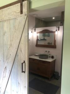 a bathroom with a sink and a wooden door at The Cat and The Owl B&B in Groenlo