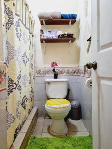 y baño pequeño con aseo y ducha. en apartamento equipado en Amatitlán
