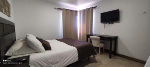 a bedroom with a bed and a desk and a television at Hotel y Cabañas Pulegan in Porvenir
