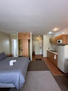 Un dormitorio con una cama grande y una cocina. en Apart hotel Terra Valdivia, en Valdivia 24 fotos más