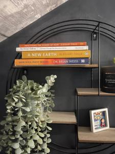 una pila di libri su uno scaffale accanto a una pianta di Unique and Artsy Holiday Shared Home a Purley
