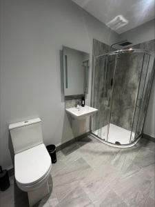 a bathroom with a shower and a toilet and a sink at The Banks Restaurant and Accommodation in Strabane