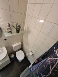オスナブリュックにあるBlack Beauty im Zentrum von Osnabrückのトイレと洗面台のある小さなバスルーム