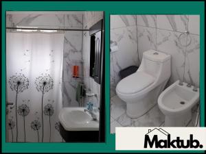 Duas fotografias de uma casa de banho com WC e lavatório. em Maktub Alojamiento em San Antonio Oeste