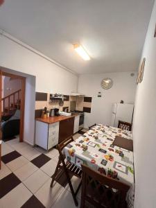 a kitchen with a table and a kitchen with a refrigerator at Apartament Simon Brasov in Braşov
