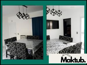 西聖安東尼奧的住宿－Maktub Alojamiento，两幅带桌椅的用餐室的照片