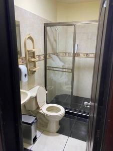 ein Bad mit einem WC und einer Glasdusche in der Unterkunft No disponible! Favor no reservar! in Filandia