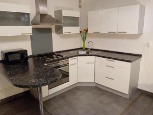 a kitchen with white cabinets and a black counter top at Monte Cristo in Metz