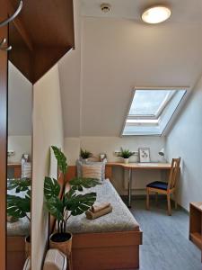 1 dormitorio con cama, escritorio y ventana en Híd Ifjúsági Szálló en Dunaújváros