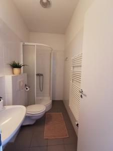 a bathroom with a toilet and a sink and a shower at Híd Ifjúsági Szálló in Dunaújváros