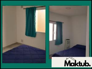 2 fotos de un dormitorio con cama y ventana en Maktub Alojamiento en San Antonio Oeste