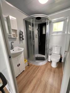 a bathroom with a shower and a toilet and a sink at Tony's Travels in Camaceyes