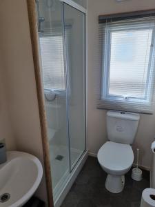 a bathroom with a toilet and a shower and a sink at 58 Lancaster crescent in Tattershall
