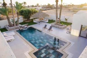 - une vue sur la piscine bordée de chaises et de palmiers dans l'établissement Villa des deux oliviers Djerba, à Djerba