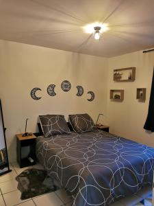 een slaapkamer met een bed met een blauw dekbed bij Charmant appartement à 1 minute du lac in Annecy